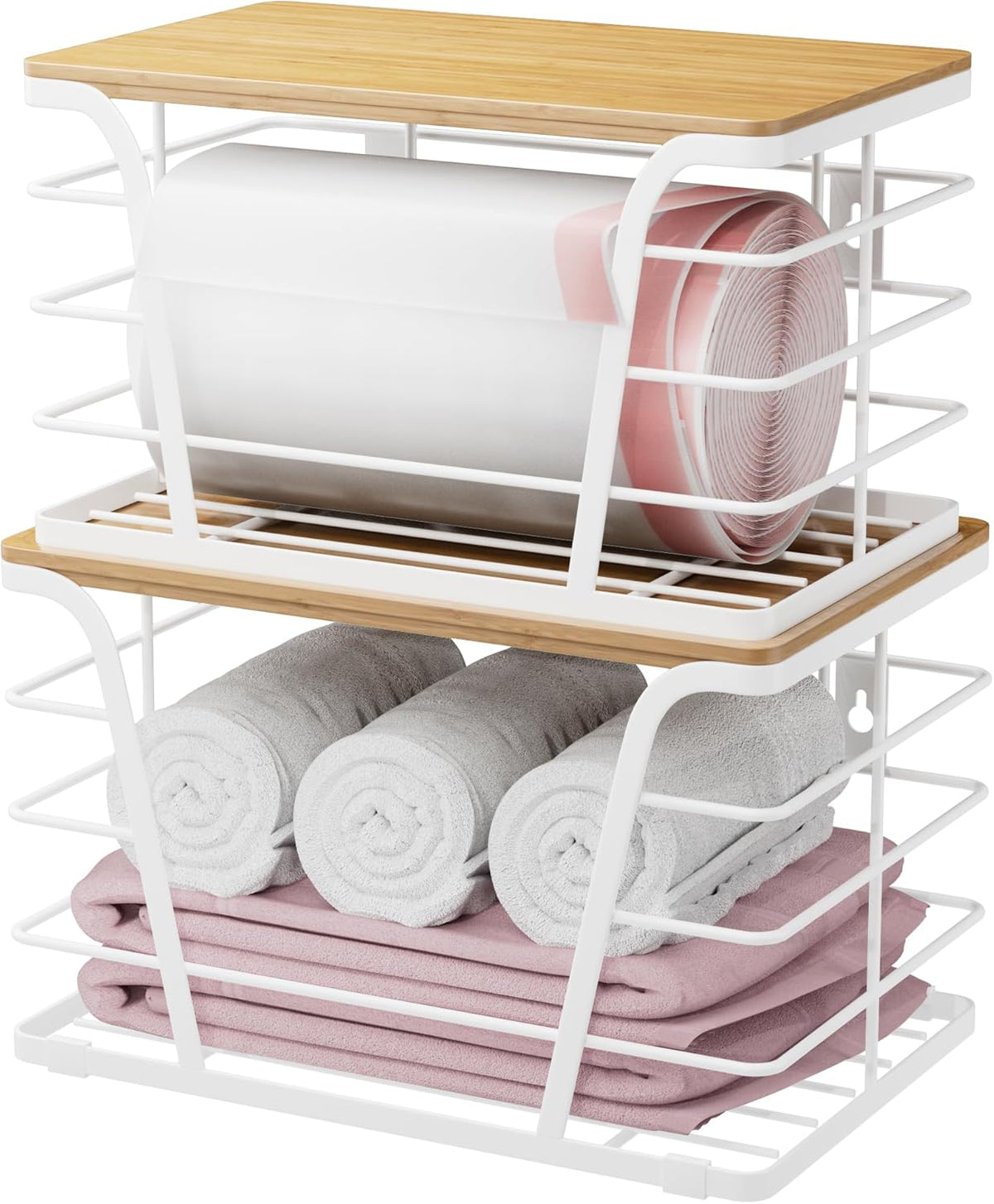 Extra Large 2 Pack Stackable Pantry Organizers - Laundry Room Organization & Decor, Kitchen Decor, Wall Mount Trash Bag Holder with Bamboo Top, White