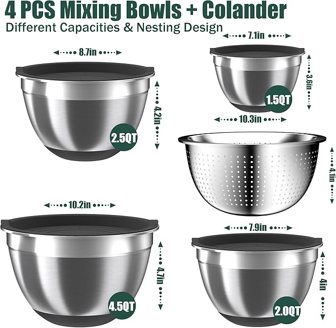 Mixing Bowls with Airtight Lids Set, 4 Stainless Steel Bowls Nesting Bowls & Colander, Kitchen Organizers and Storage Non-Slip Bottom, Size 1.5/2.0/2.5/4.5QT, Great for Mixing & Serving, Black