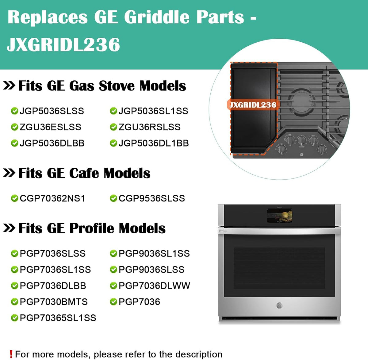 JXGRIDL236 Cast Iron Griddle Replacement for GE Gas Stove Top, JGP5036SLSS, PGP7036SLSS PGP9036SL1SS PGP7036SL1SS PGP9036SLSS, GE Cafe CGP70362NS1, 5 Burner Griddle Plate Flat Cooktop.