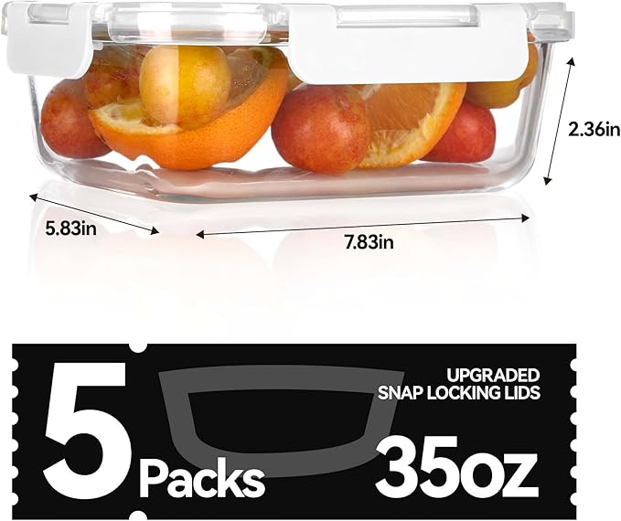 BAYZZ Glass Food Storage Containers, 5 Pack 35 Oz Glass Meal Prep Containers, Lunch Boxes with Airtight BPA-Free Lids, Microwave, Freezer and Dishwasher Safe,White