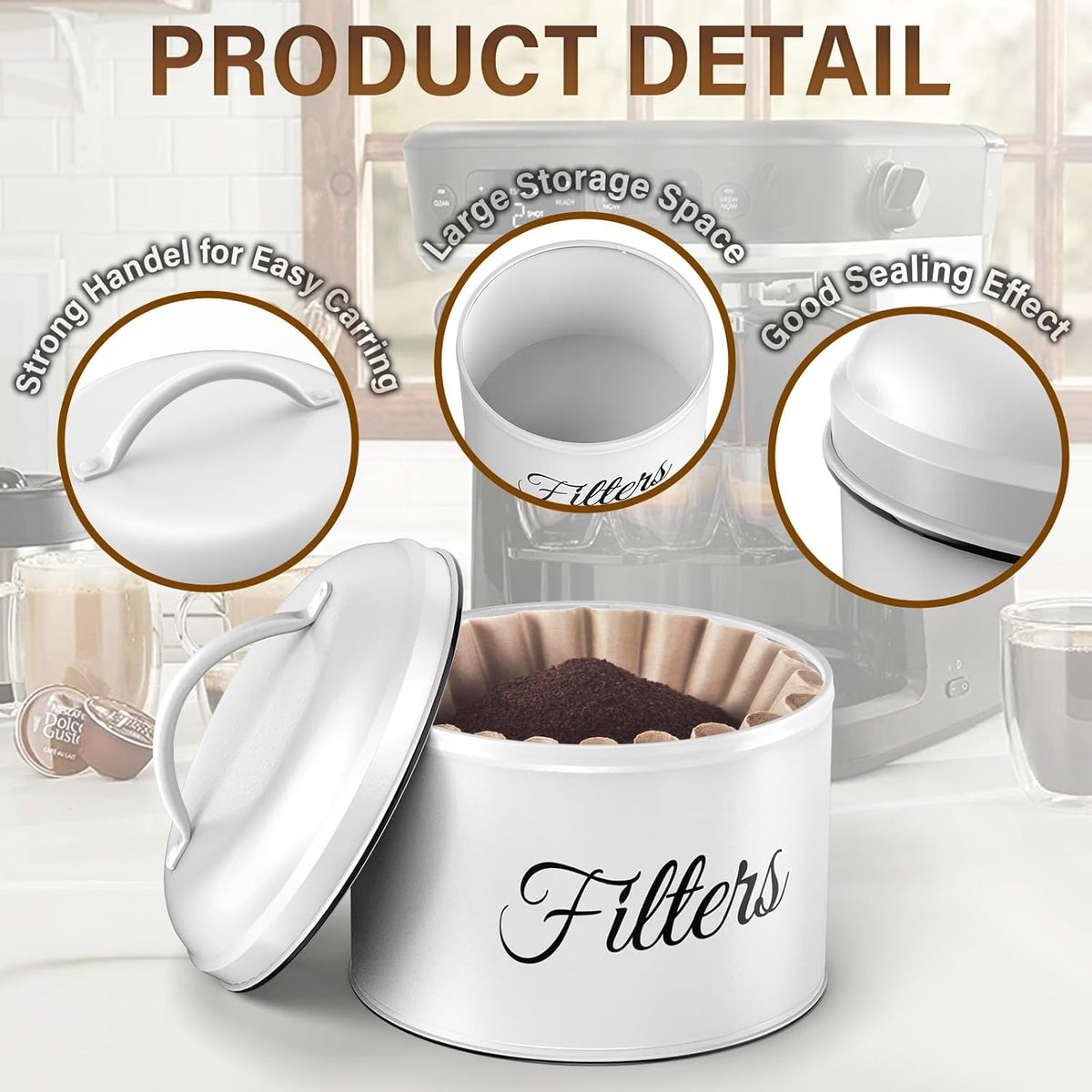 Coffee Filter Holder for Counter, Coffee Filter Storage with Lid, Round Container for Bar Accessories Decor (White)