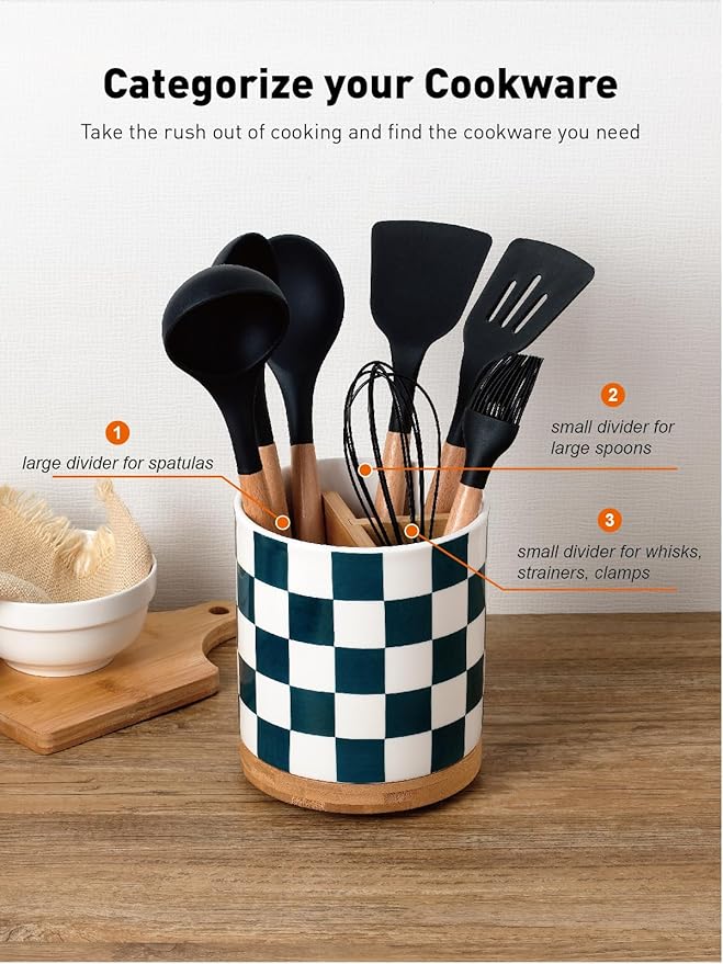 LoeJan 3 Compartment Utensil Holder, Extra Large Utensil Crock, Stable Ceramic Utensil Organizer, Cooking Tool Organizer Set for Kitchen Counter Farmhouse Decor (J-Deep Green(Square))
