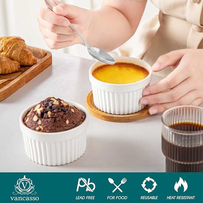 vancasso 6 oz Ramekins with Lid, Porcelain Creme Brulee Souffle Dishes, White Pudding Custard Cups Ramiken for Baking, Dishwasher and Oven Safe, Set of 6