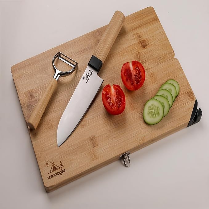 Foldable Bamboo Cutting Board Set - with Knife, Peeler, Bag & Built-in Sharpener – Portable Compact Chopping Board for Camping, Picnic, Travel & Kitchen – Non-Slip, Eco-Friendly, Multi-Purpose Design