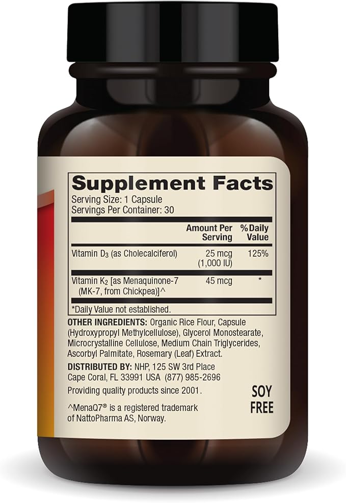 Dr. Mercola Vitamins D3 & K2 Low Dose, 30 Servings (30 Capsules), 1,000 IU Vitamin D3 & 45 mcg Vitamin K2 (MK-7) Per Capsule, Dietary Supplement, Supports Healthy Immune Function, Non-GMO