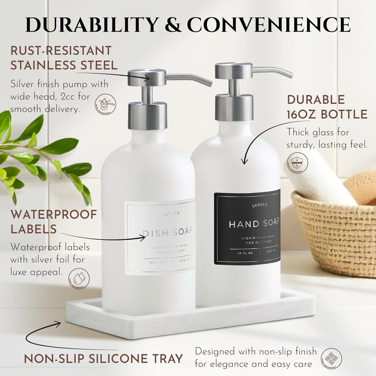 Lotion, Hand & Dish Soap Dispenser for Kitchen Sink - Bathroom Soap Dispenser Set of 2 16.8 Oz Glass Bottles with Stainless Steel Pump, 15 Water Proof Labels & Silicon Tray (White/Silver)