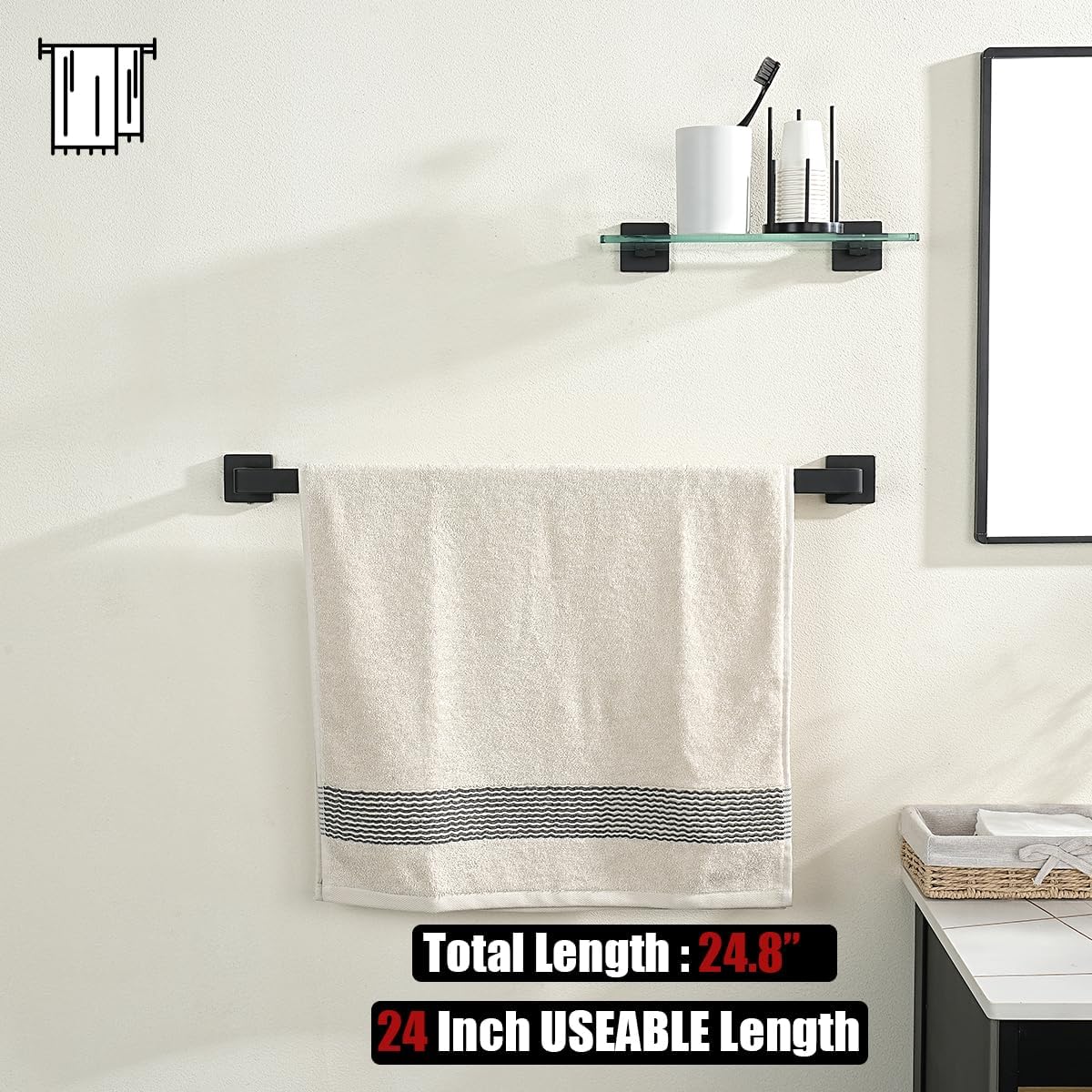 JQK Black Towel Bar, Rounded Edges 29.41 Inch Towel Rack, 304 Stainless Steel Bathroom Wall Mount, Useable Length 27 Inch, TB250L27-PB