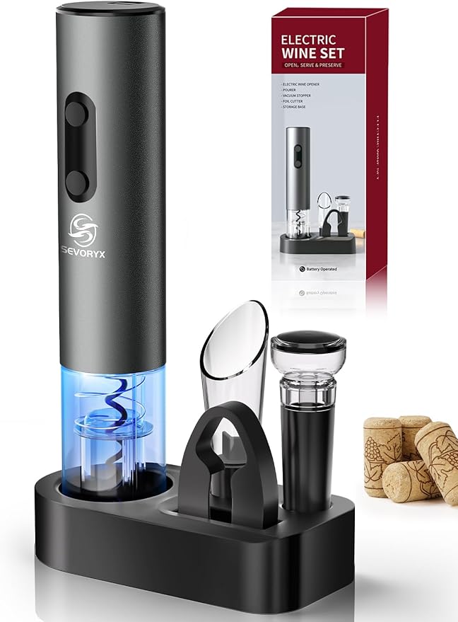 Electric Wine Opener Set, 5-in-1 Battery Operated Electric Bottle Opener With Foil Cutter, Wine Pourer, Vacuum Stopper and Storage Case. Ideal Gift for Wine Lovers, Free E-book included.