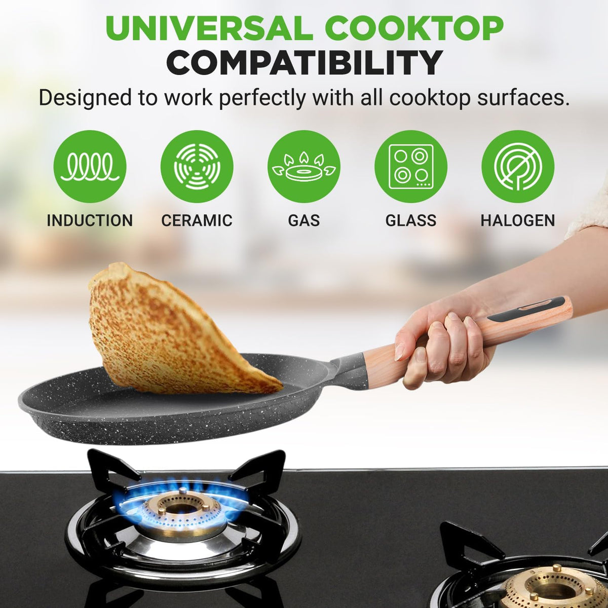 NutriChef 9.45” Non-Stick Crepe Pan with Wooden Spreader, Durable Marble Coated Dosa Pan, Bakelite Handle and Induction Bottom, PFOA/PFOS Free, Dishwasher Safe, Even Heat Distribution (Black Marble)