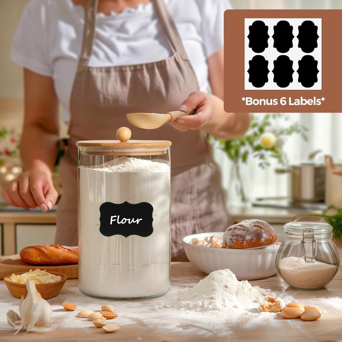 ComSaf 1 Gallon Glass Jar, 128 oz Flour Container, Large Glass Canister with Lid, Food Storage Pantry with Spoon and Clip for Sugar, Oat, Rice, Beans, Pasta, Coffee, Grain