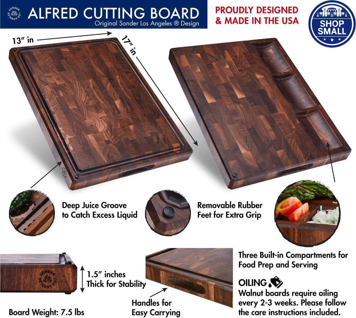 Sonder Los Angeles, Made in USA, Large Thick End Grain Walnut Wood Cutting Board with Non-Slip Feet, Juice Groove, Sorting Compartments for Kitchen 17x13x1.5 in (Gift Box Included)