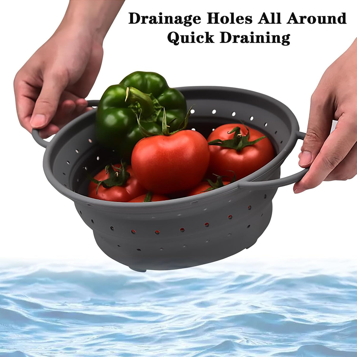 Silicone Collapsible Colander with Handle, Kitchen Colander for Easy Storage,Four-side Fast Draining Silicone Draining Basket, Perfect for Fruits Vegetables (Gray L+M)