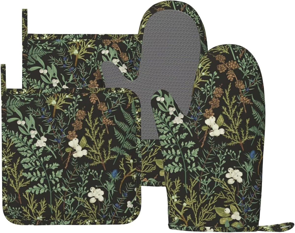 Botanical Print Floral Oven Mitts and Pot Holders Set of 4 Silicone Black Sage Green Botanical Print Kitchen Mitten Gloves and Farmhouse Potholders Set Vintage Oven Gloves Hot Holders for BBQ