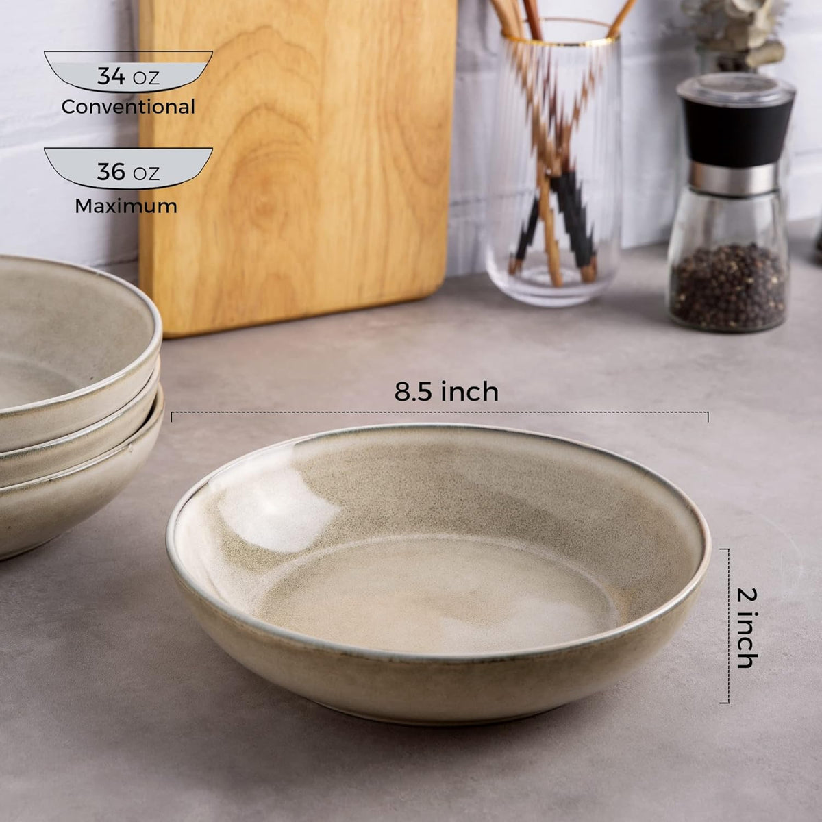 AmorArc 8.5'' Large Pasta Bowls, 36oz Ceramic Salad Serving Bowls Set of 6 for Kitchen, Wide Stoneware Bowls for Pasta,Salad,Fruit,Bread, Microwave Safe, Cappuccino