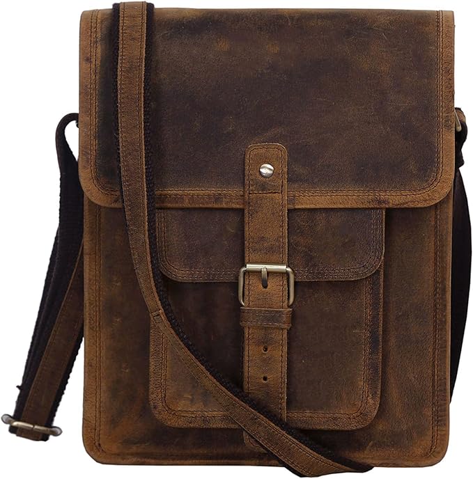 Leather crossbody bag messenger satchel tablet bag 11 inch for men and women (Distressed Tan Pocket)