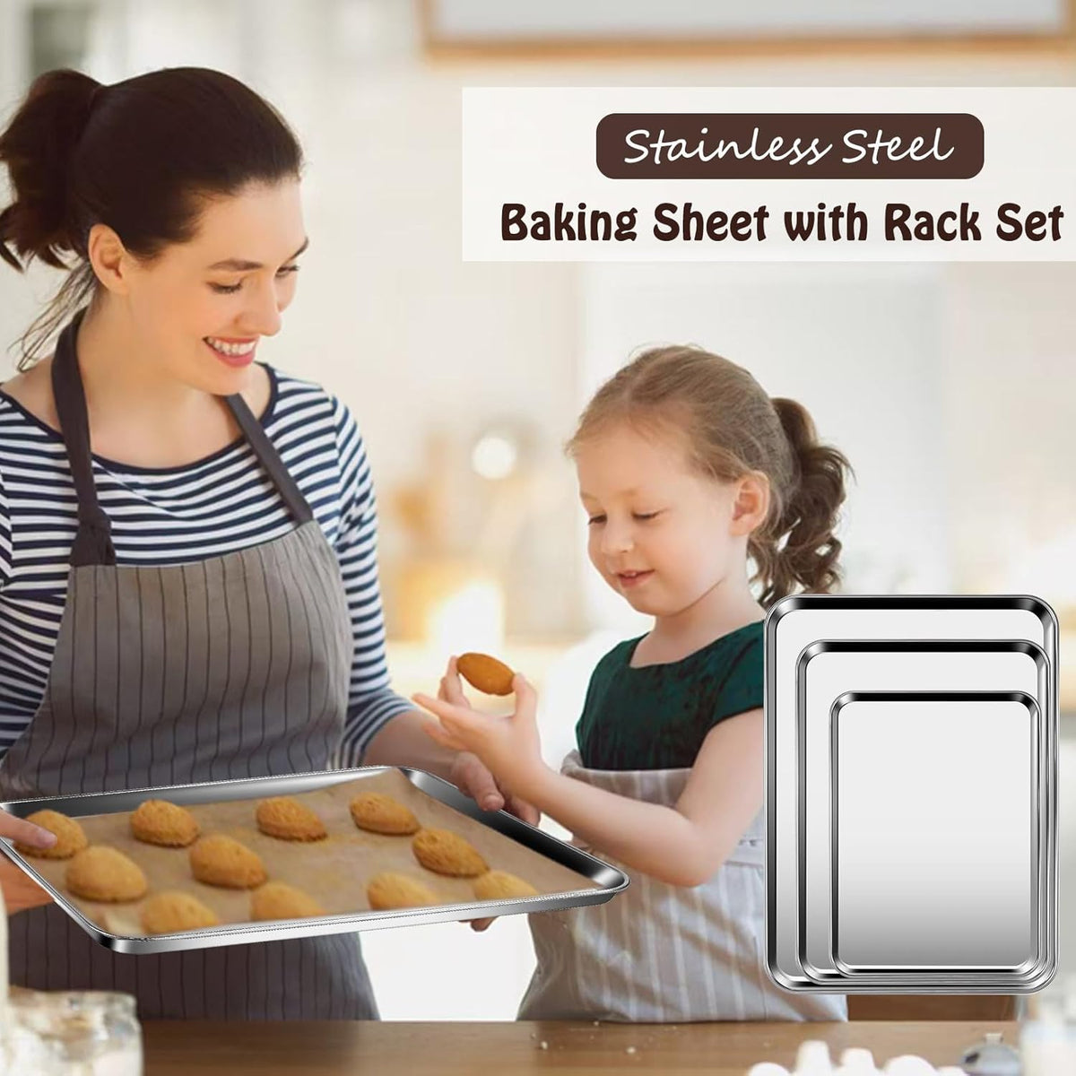 Baking Sheet with Racks Set [2 Sheets + 2 Racks], Stainless Steel Baking Sheets with Cooling Racks, Nonstick Pan, Warp Proof & Rust Proof & Easy to Clean, Size 9.3 X 7 X 1 Inch