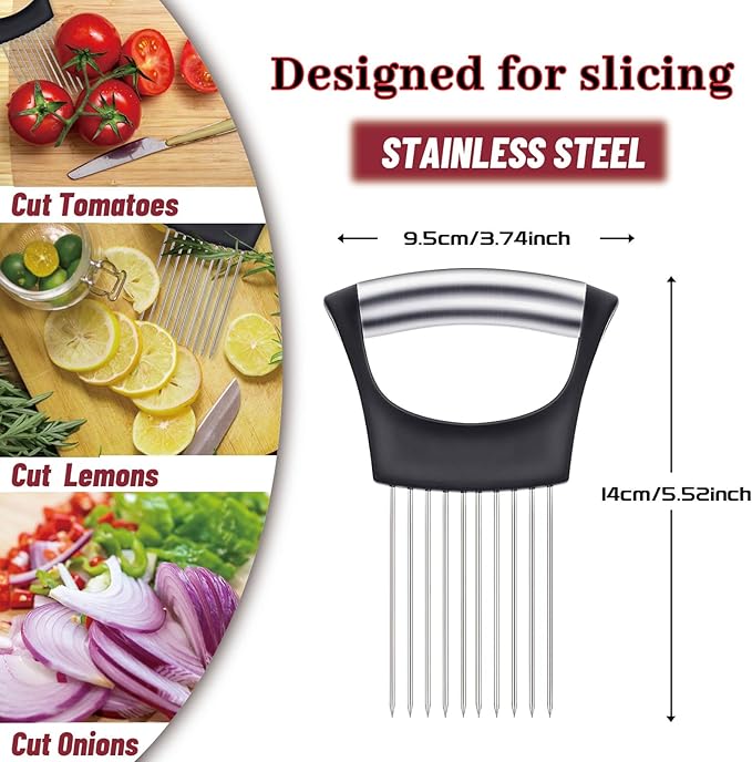 3 Pieces Onion Holder for Slicing, Stainless Steel Onion Cutter for Slicing, Potato Lemon Slicer Tomato Slicers Kitchen Comb for Onions, Tomatoes, Avocados, Eggs, Lemon, Potatos (Black)