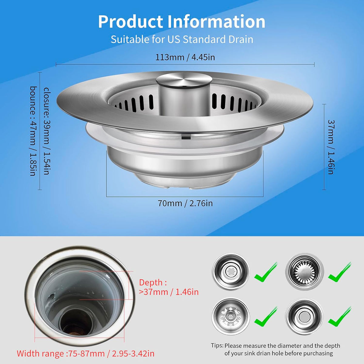 Upgraded 3 in 1 Kitchen Sink Drain Strainer - Stainless Steel Sink Stopper, Anti-Clogging Sink Food Catcher Basket, Fast Drainage Odor Filter Sink Plug for US Standard 3 1/2 inch Drain (Silver-2Pack)