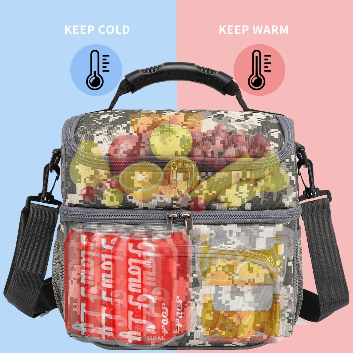 FlowFly Double Layer Cooler Insulated Lunch Bag Adult Lunch Box Large Tote Bag for Men, Women, With Adjustable Strap,Front Pocket and Dual Large Mesh Side Pockets