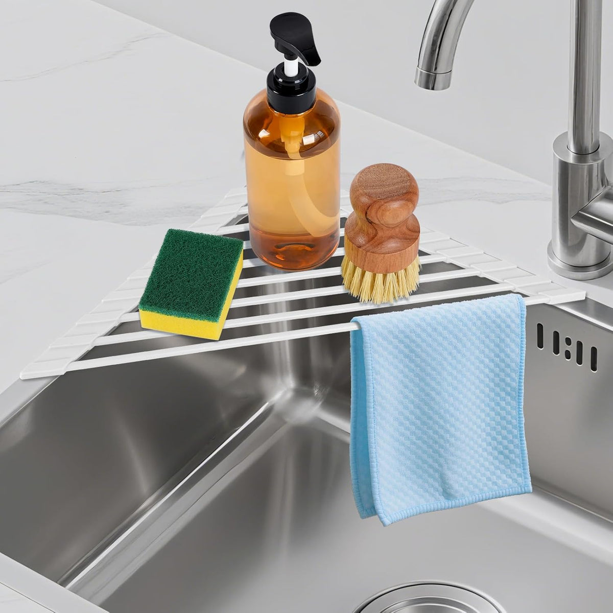 Triangular Sink Rack, Multi-Functional Rack Above The countertop, Foldable Sink Drying mat, Heat-Resistant, Non-Slip, and Rust-Proof Dish Rack (White)