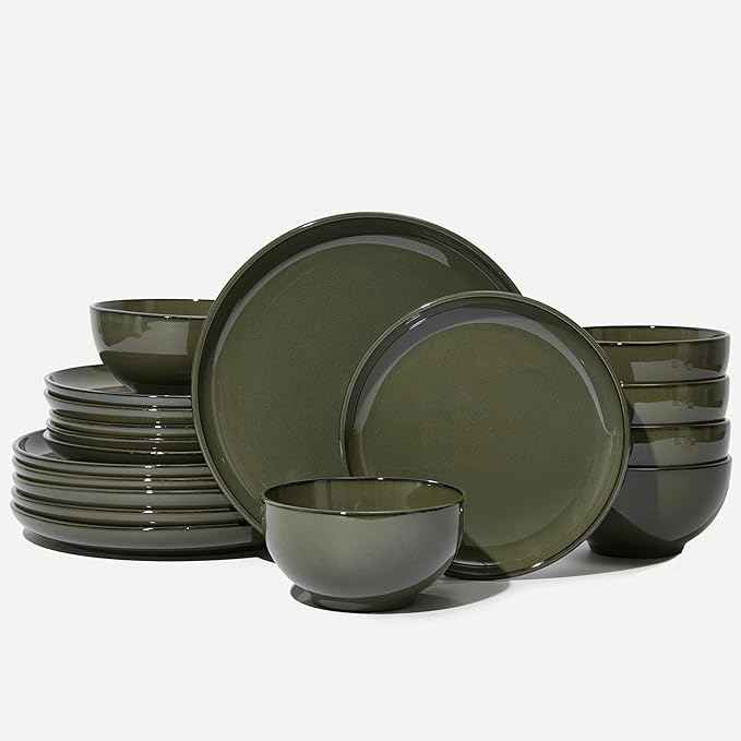18 Piece Dinnerware Set for 6, Reactive Glaze Terracotta Plates and Bowls Set, Large Family-Sized Stoneware Dish Set for Gatherings, Chip and Scratch Resistant, Blackish Green