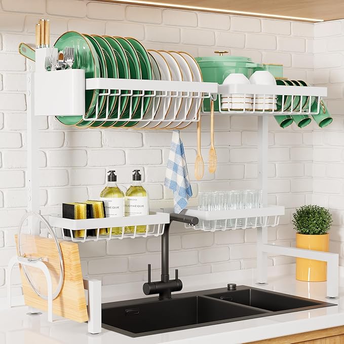 Kitsure Over The Sink Dish Drying Rack - 30.0" to 33.9"x21.5", Adjustable Sink Drying Rack for Kitchen Sink with Multifunctional Baskets, White