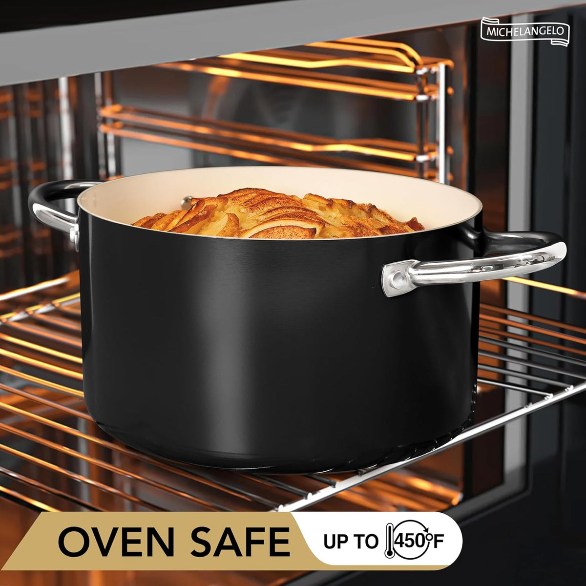 MICHELANGELO Stock Pot with Lid, 6 Quart Cooking Pot with Ceramic Coating, Nonstick Ceramic Soup Pot with Lid, Induction Compatible - 6QT Stockpot, Black