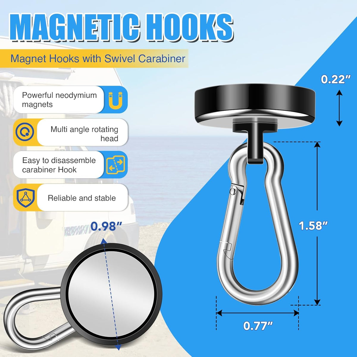 Magnetic Hooks, 70Lbs Heavy Duty Magnetic Hooks with Swivel Carabiner for Cruise Cabins, 6 Pack Extral Strong Neodymium Magnet Hooks for Hanging, Metal Magnetic Hanger for Toolbox, Grill, Fridge