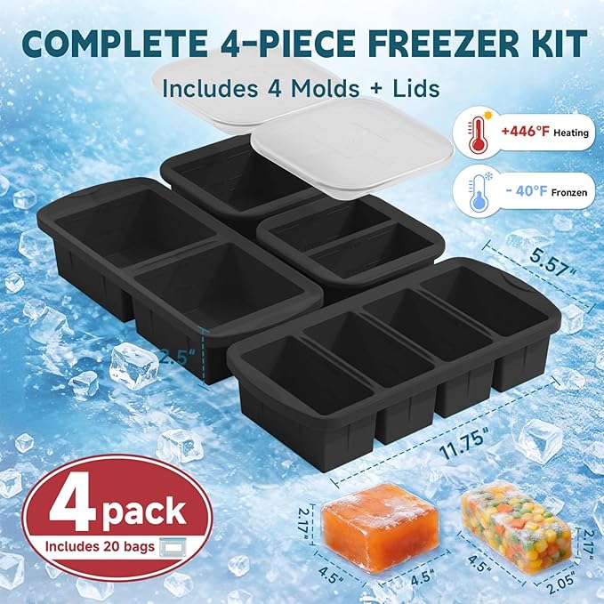 4 Pack Silicone Freezer Trays with Lid - Multi-Size 1-Cup & 2-Cup Portions, Food-Grade Silicone Freezer Molds for Soup & Meal Prep - Large Freezer Storage Containers, Oven & Dishwasher Safe - Black