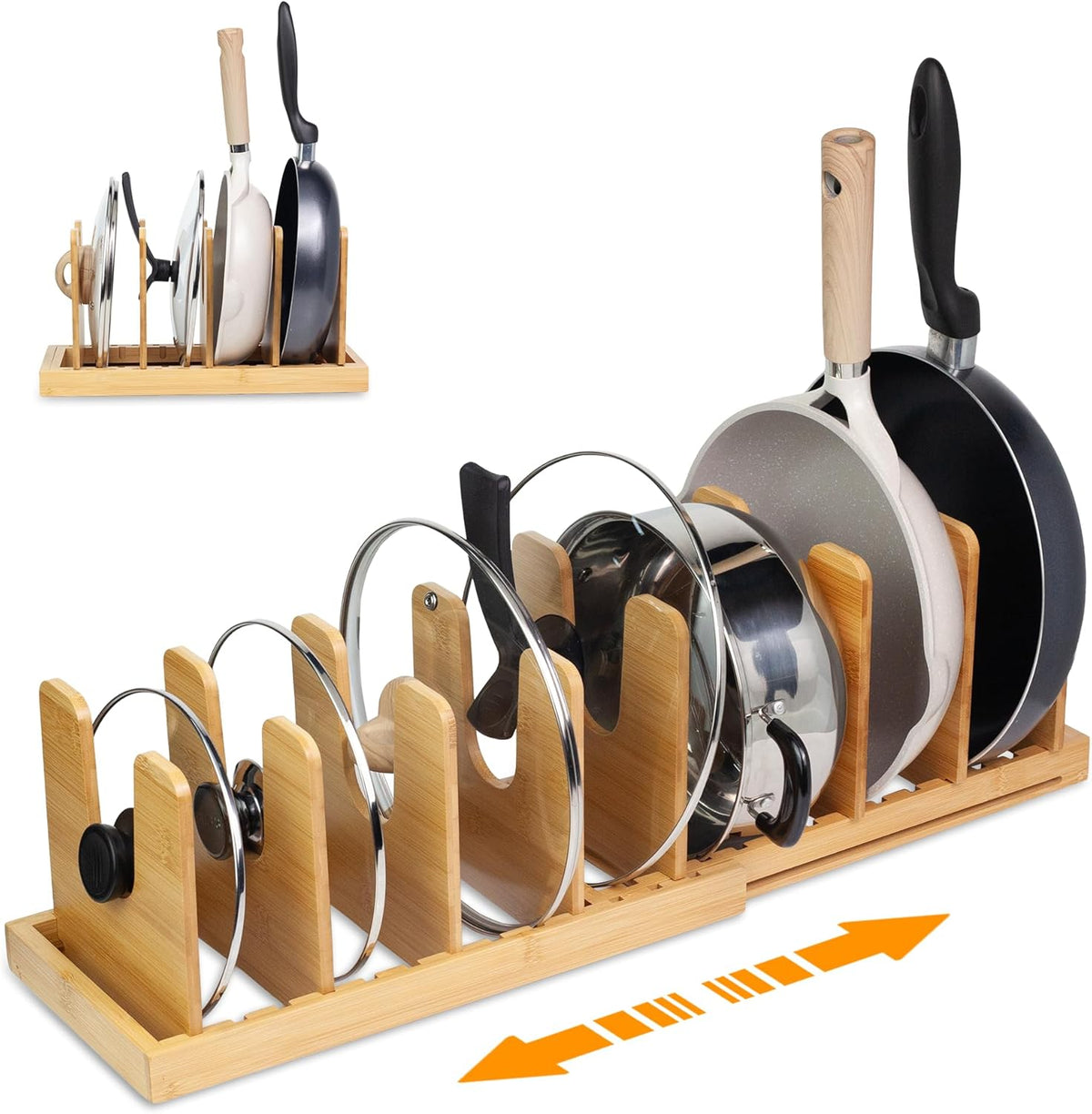 MinBoo Bamboo Expandable Pot Lid Organizer, Pot and Pan Organizer Drawer Organizer for Pot Lids, Adjustable 8 U-Shaped Dividers for Kitchen Cabinet Organizers and Storage