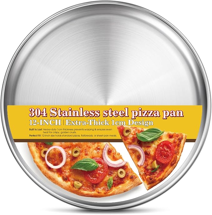 Yuiicaov Stainless Steel Pizza Pan 12 inch, Pizza Pan for Oven, Steel Pizza Tray, Thick Round Pizza Plate Pizza Baking Sheet, Easy Clean & Dishwasher Safe, Set of 1