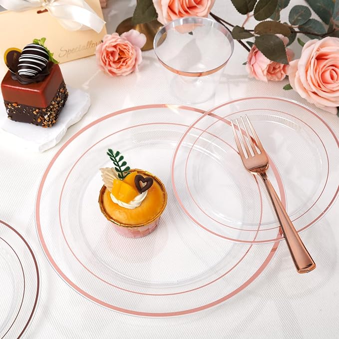 bUCLA 600PCS Clear Rose Gold Plastic Dinnerware Set Disposable - Include 100 Dinner Plates, 100 Dessert Plates, 100 Knives, 100 Forks, 100 Spoons, 100 Cups for Party, Wedding & Mother’s Day