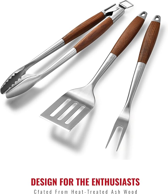 Heavy-Duty Heat-Treated Ash Wood BBQ Grilling Tools Set | Extra-Thick Stainless Steel Spatula, Fork & Tongs | Essential Barbecue Accessories, for Grill Enthusiasts