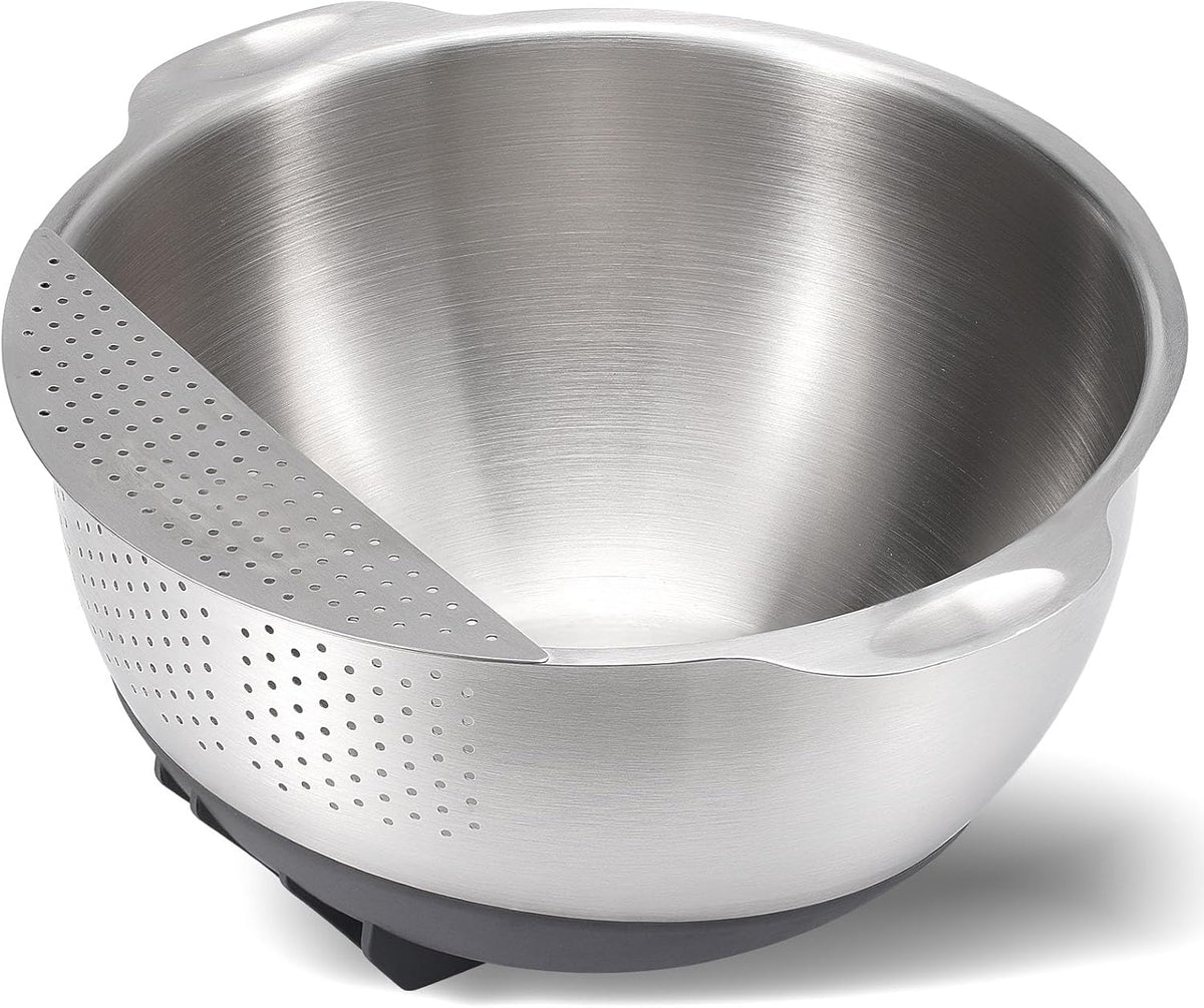 18/10 Stainless Steel Rice Strainer Washer Bowl Versatile Good Grips Colander Tiltable Side Drainers for Washing Cleaning Rinsing Fruits, Vegetables, and Beans - Non-slip Silicone Bottom