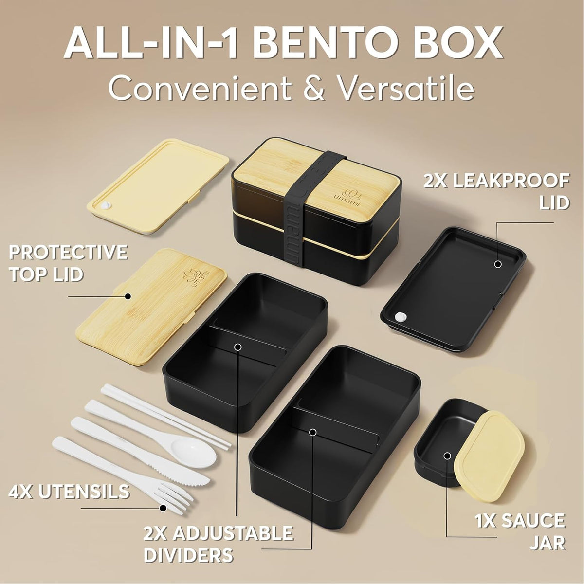 Umami Bento Box Adult All-In-1 w/4 Utensils, Big Sauce Jar, 2 Dividers, 100% Leakproof, Microwave & Dishwasher Safe, Stackable Bento Lunch Box Containers for Men/Women, Black & Bamboo, 40 oz