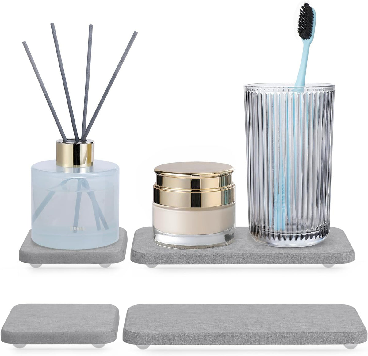 Water Absorbing Stone Tray for Sink | Quick Drying Diatomaceous Earth Coasters | Soap Dish Holder & Toothbrush Holder for Bathroom Counter | Hand Soap & Plant & Toiletries | Grey 4-Pack