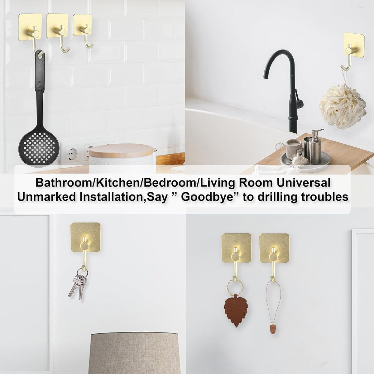 Aluminum Wall Hooks, No Drill Damage-Free Adhesive Hook, Product for Hanging Heavy Duty for Bathroom Kitchen Home (Curved Square Gold Hook, 4)