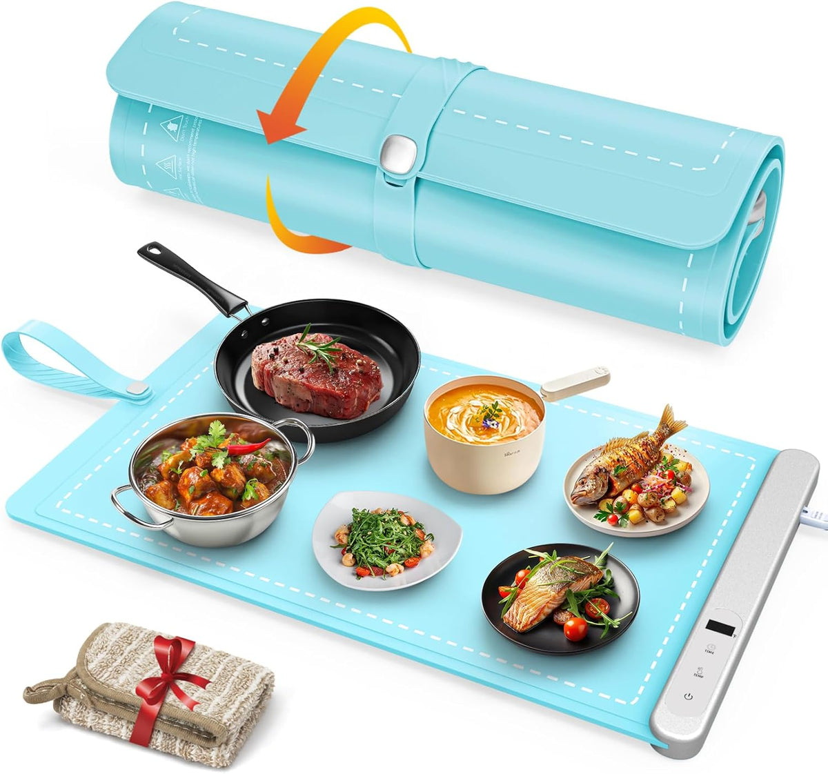 FYY Food Warming Mat - Electric Warming Tray with 6 Temperature Settings and 6 Hours Timer, Full Surface Graphene Heating Food Warmer, Premium Rollable Heating Tray for Gatherings, Parties, Light Blue