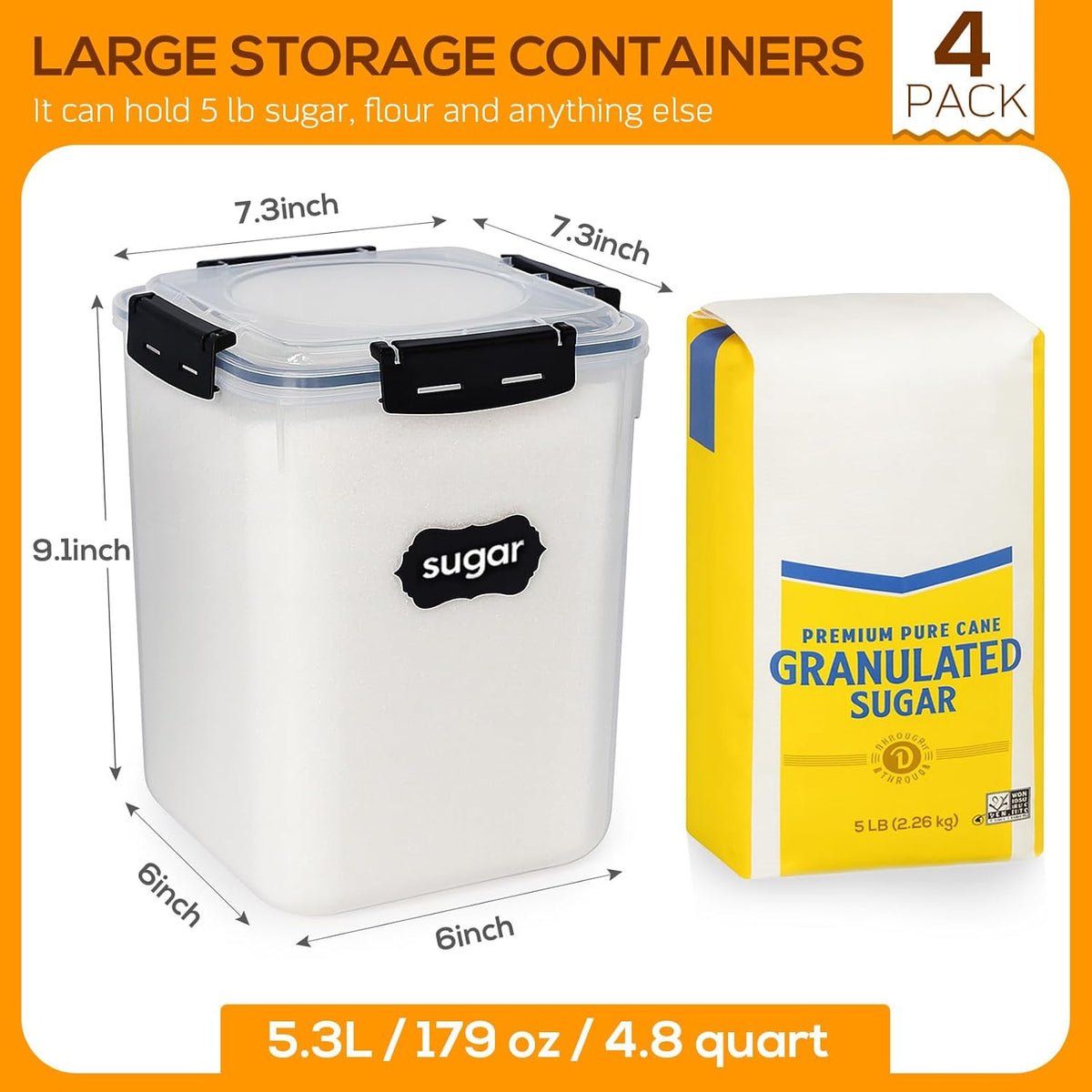 Large Thicker Food Storage Containers with Lids Airtight 5.3L/179Oz, 4pcs Plastic Pantry Storage Container for Dry Food/Flour/Sugar/Pasta/Cereal/Baking Supplies, Canister for Kitchen Organization