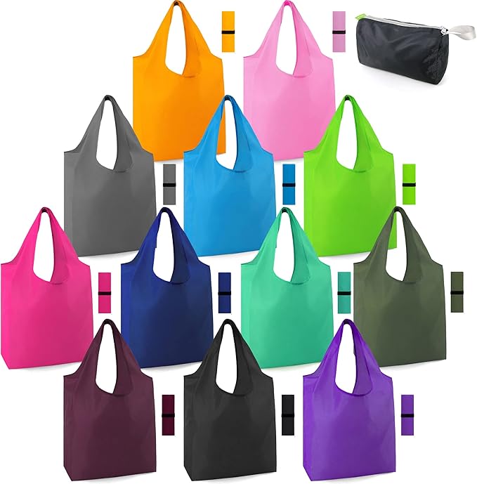 BeeGreen 12 Pack Bulk Reusable Grocery Bags Multicolor Durable Machine Washable Grocery Bags for Shopping X-Large 50LBS Heavy Duty Folding Reusable Bags Totes with Zipper Storage Bag