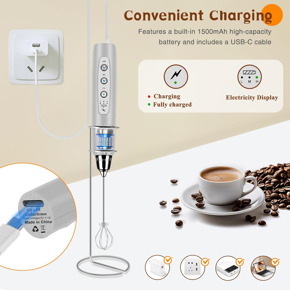 Milk Frother Handheld Rechargeable with Stand, Frother Wand Drink Mixer Electric Whisk for Coffee, Detachable With 3 Stainless Whisks, Hand Mixer for Lattes, Cappuccino, Matcha, Egg, Silver