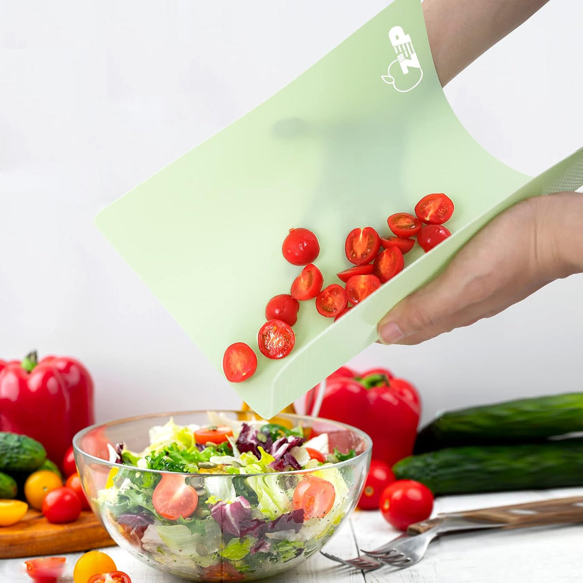 ZVP Plastic Cutting Boards for Kitchen, Flexible Cutting Mats, Gradient Green Chopping Boards with Food Icon, Non-Slip, Non Porous, BPA Free, Dishwasher Safe