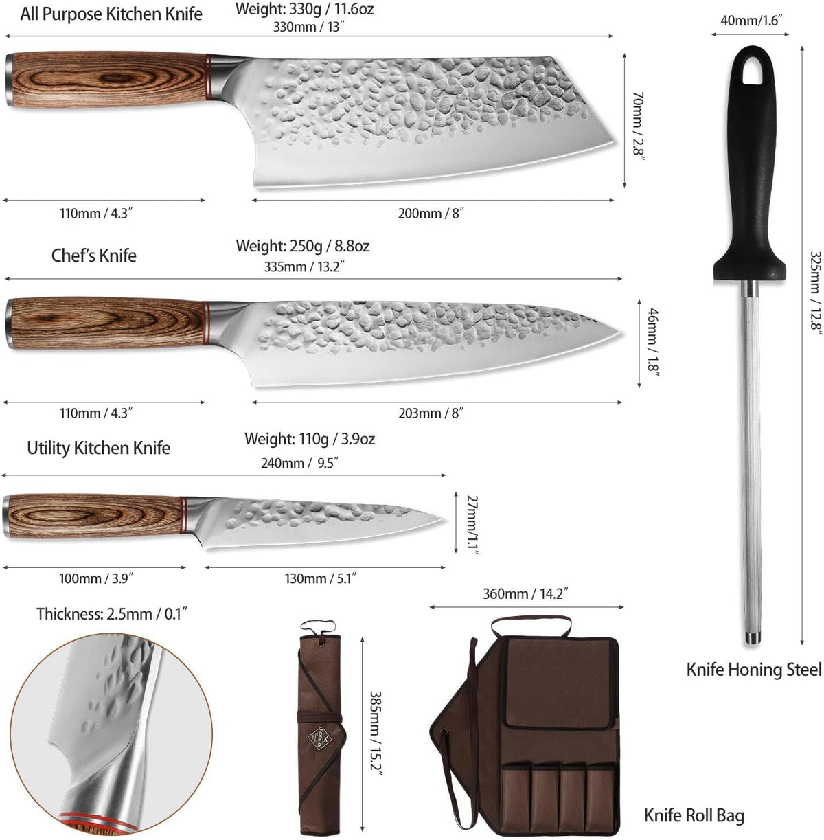 KOFERY 5PCS Chef and BBQ Knife Set with Roll Bag, High Carbon Stainless Steel Knives for Precise Cooking, Outdoor Meat Cutting(Include Sharpening Steel)