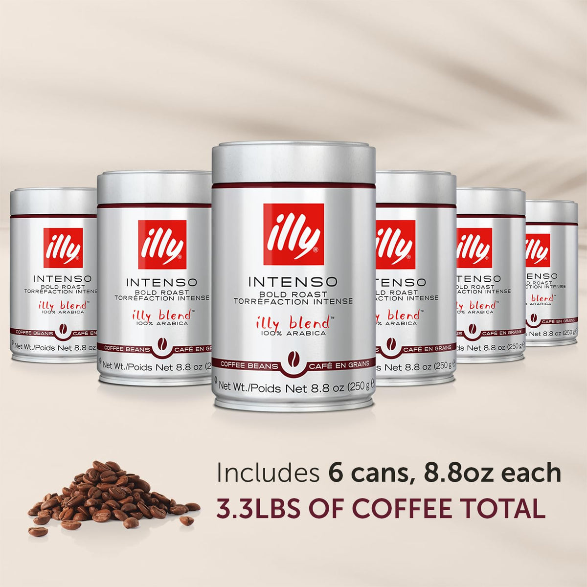 Illy Whole Bean Coffee, Intenso Bold Roast - Bold & Flavorful - 100% Arabica - Whole Beans - Pressurized Packaging Sealed for Freshness - 8.8oz can (Pack of 6)