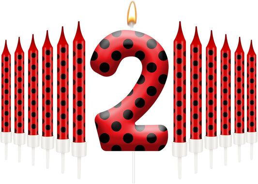 13PCS Ladybug Theme Birthday Candles Set - Red & Black Polka Dot Decorative Candles for Kids Ladybug Themed Parties, Baby Showers, Birthday Cakes, and Ladybird Inspired Celebrations(Number 2)