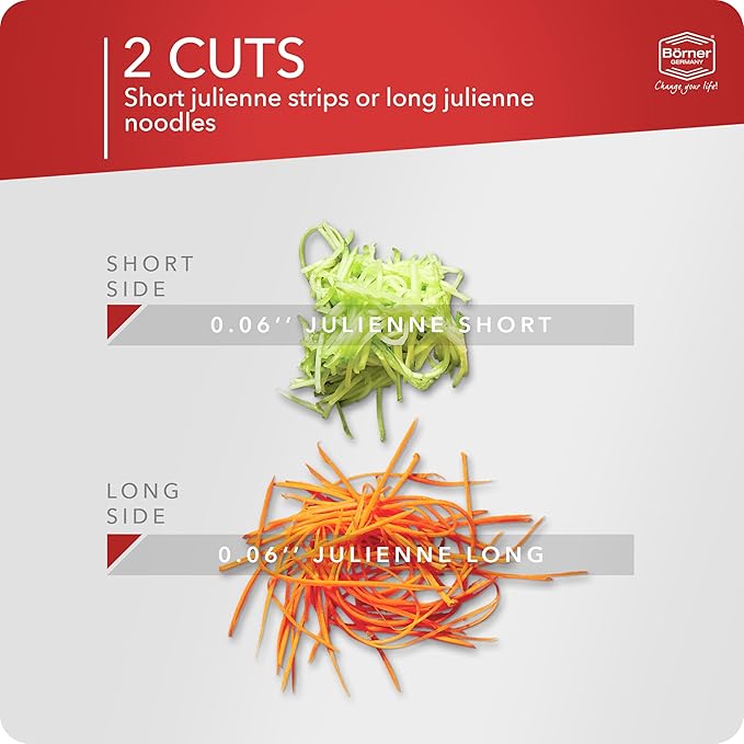 Börner Roko PowerLine Vegetable Slicer Set (2-piece) • Fine Julienne Cutter for Fruit and Vegetables + Safety Guard • Julienne Slicer • Mandoline Slicer Set • Kitchen Slicer (Red)