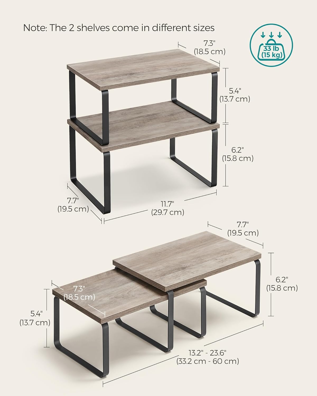 SONGMICS Cabinet Organizer Shelf, Set of 2 Kitchen Counter Shelves, Kitchen Storage, Spice Rack, Stackable, Expandable, Metal and Engineered Wood, Ink Black and Heather Greige UKCS020X02