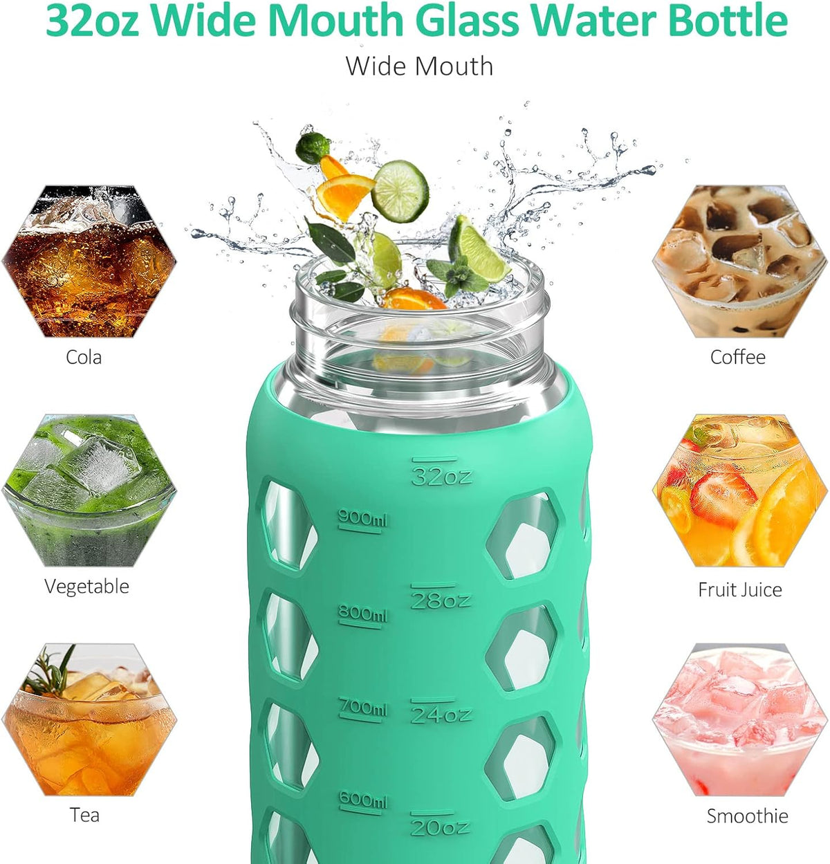 MUKOKO 32oz Glass Water Bottles with 2 Lids-Handle Spout Lid&Bamboo Straw Lid, Motivational Water Tumbler with Time Marker Reminder and Silicone Sleeve, Leakproof-Green-1 Pack