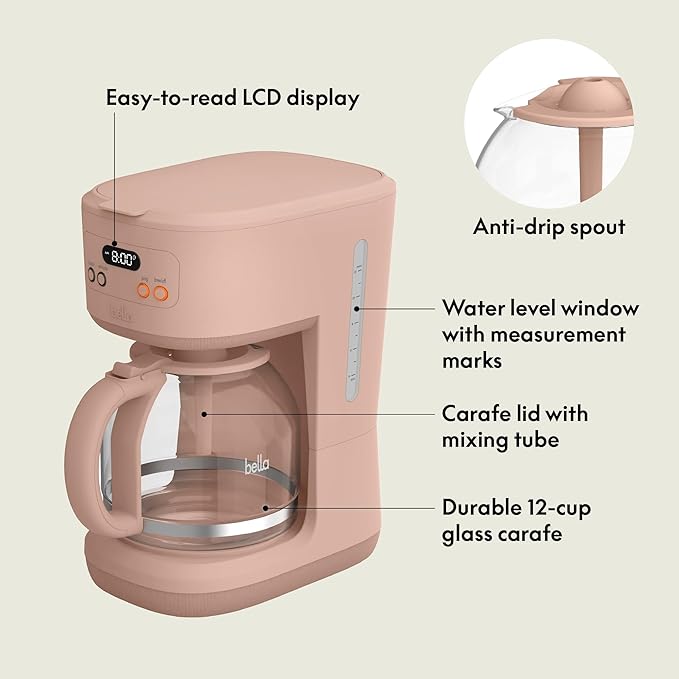 bella 12 Cup Programmable Coffee Marker, Reusable Dishwasher Safe Accessories, Easy LCD diaply, Auto Shutoff, 900 watt, Blossom