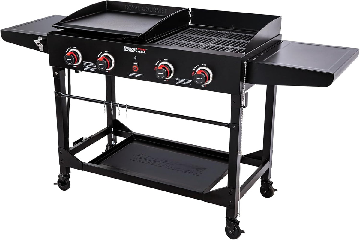 Royal Gourmet GD402 4-Burner Propane Gas Grill and Griddle Combo with Foldable Legs, 48,000 BTUs, Portable Griddle Grill Combo for Outdoor Cooking While Camping or Tailgating, Black